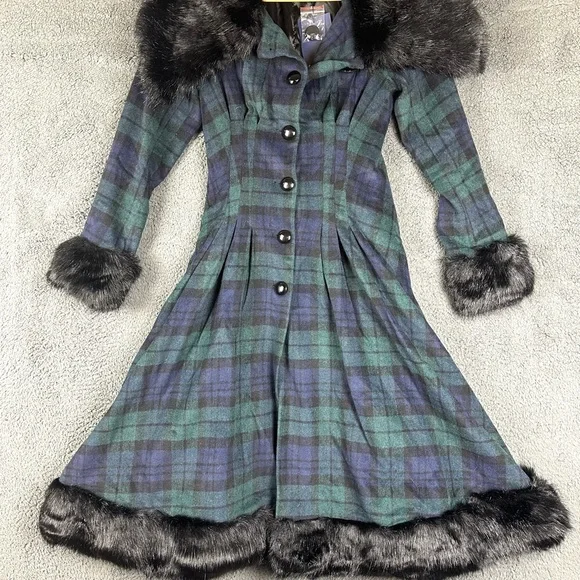 Collectif Vintage Pearl Blackwatch Check Coat Faux Fur Trim Plaid Green XXS NEW - Picture 1 of 6